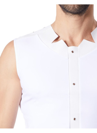 V-shirt débardeur blanc satiné avec bandes style cuir et dos avec transparence - LM807-77WHT